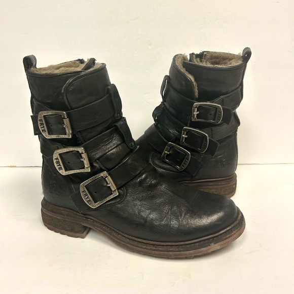 Frye Boots Valerie Women's Strappy Sz 6 Black Leather Shearling Moto Buckle - Picture 11 of 16